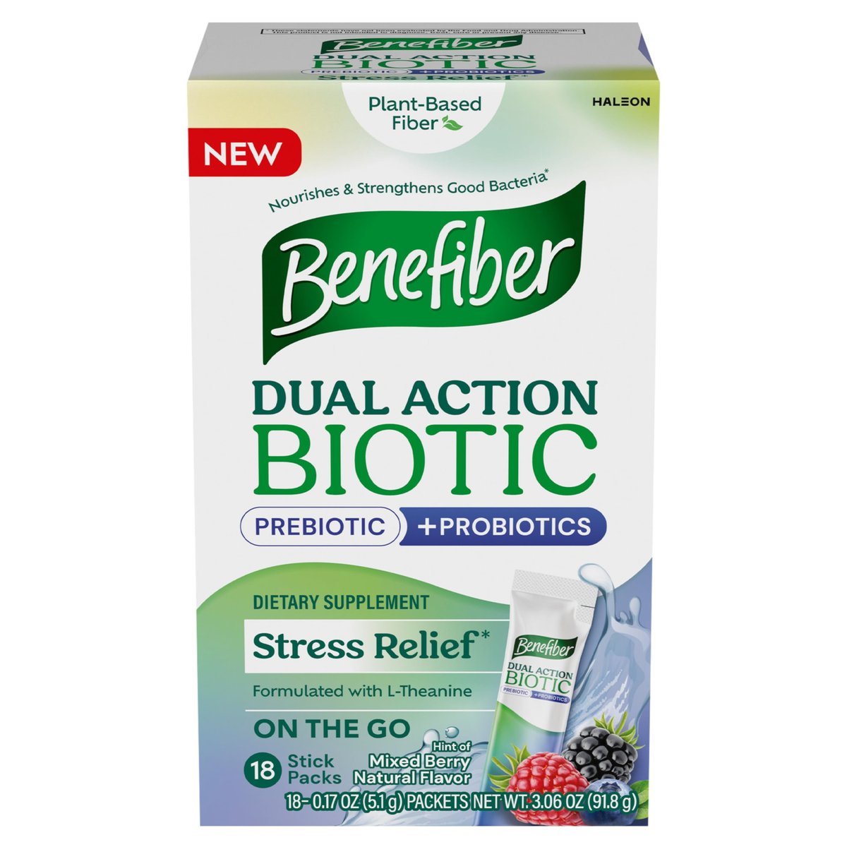 Benefiber Dual Action Biotic Plus Stress Relief – 18 Stickpacks, Ballaststoff-Präbiotikum mit Stressabbau