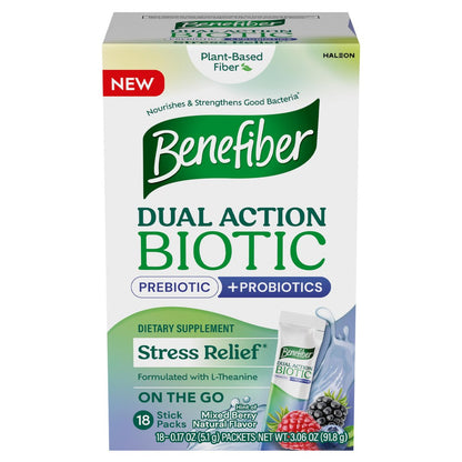 Benefiber Dual Action Biotic Plus Stress Relief – 18 Stickpacks, Ballaststoff-Präbiotikum mit Stressabbau