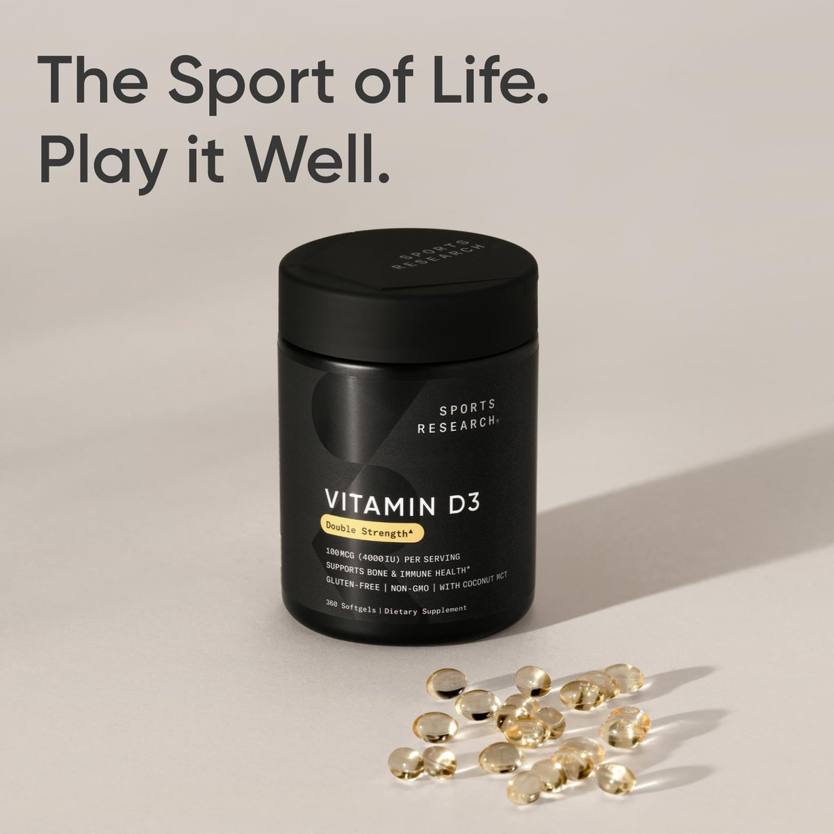 Sports Research® Vitamin D3 4000 IE mit Kokos-MCT-Öl – Doppelte Stärke Vitamin-D-Ergänzung – Glutenfrei, Nicht-GVO, Sojafrei – 360 Softgels