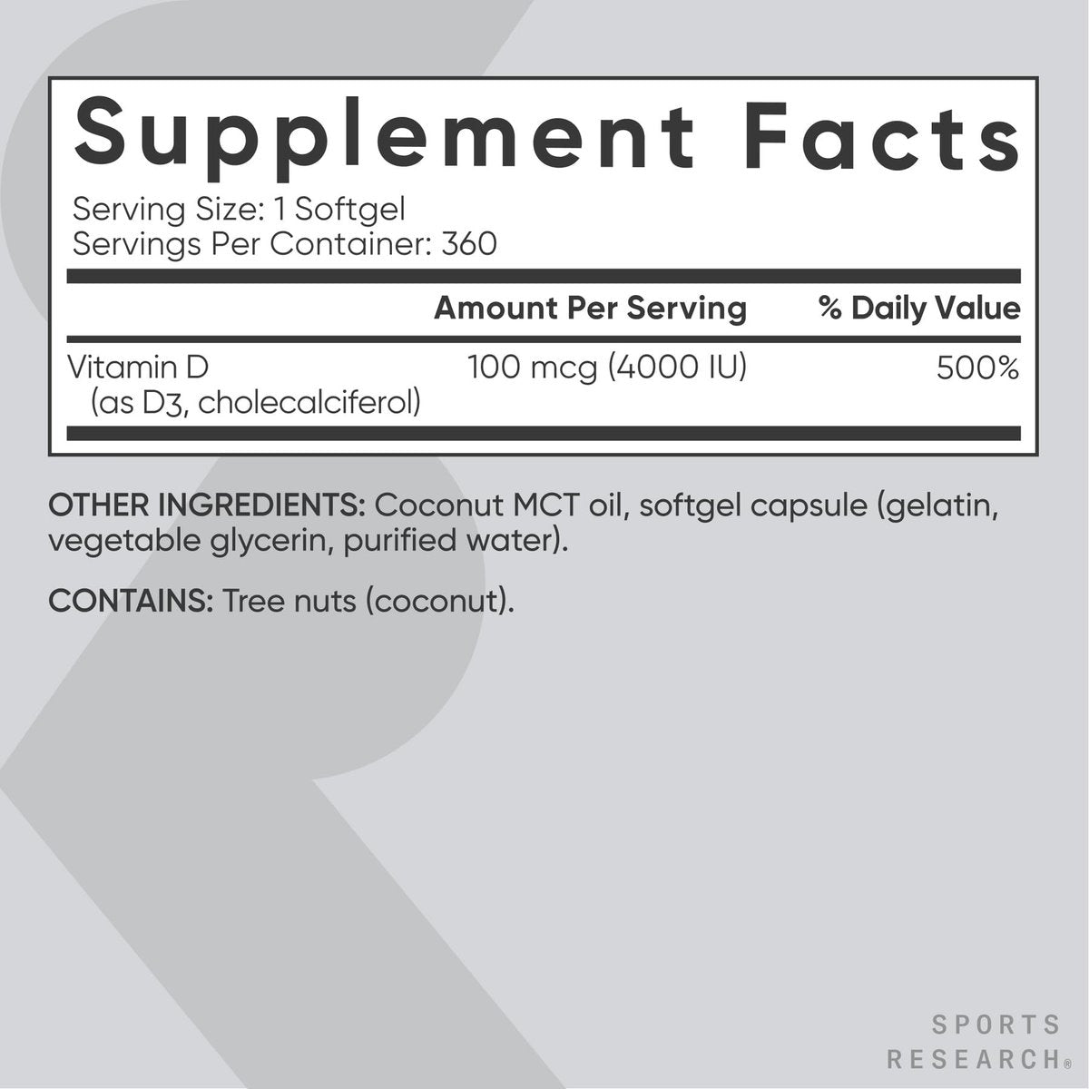 Sports Research® Vitamin D3 4000 IE mit Kokos-MCT-Öl – Doppelte Stärke Vitamin-D-Ergänzung – Glutenfrei, Nicht-GVO, Sojafrei – 360 Softgels