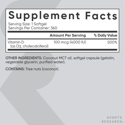 Sports Research® Vitamin D3 4000 IE mit Kokos-MCT-Öl – Doppelte Stärke Vitamin-D-Ergänzung – Glutenfrei, Nicht-GVO, Sojafrei – 360 Softgels