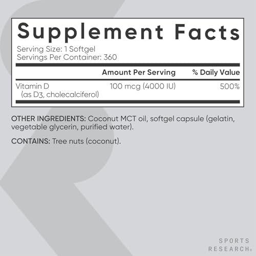 Sports Research® Vitamin D3 4000 IE mit Kokos-MCT-Öl – Doppelte Stärke Vitamin-D-Ergänzung – Glutenfrei, Nicht-GVO, Sojafrei – 360 Softgels