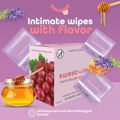 Sweetums Duftende Damen-Feuchttücher, einzeln verpackt – pH-ausgeglichene Intimtücher mit Honig-Lavendel, 10er-Pack