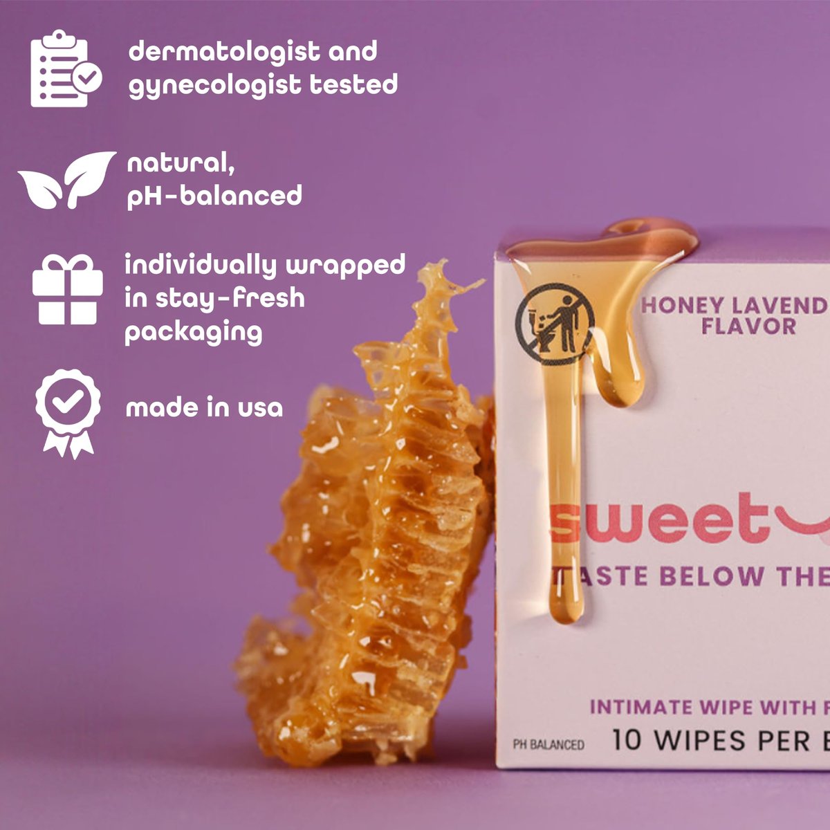 Sweetums Duftende Damen-Feuchttücher, einzeln verpackt – pH-ausgeglichene Intimtücher mit Honig-Lavendel, 10er-Pack