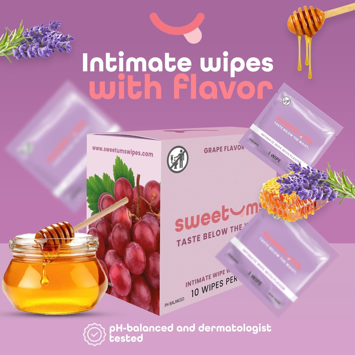 Sweetums Duftende Damen-Feuchttücher, einzeln verpackt – pH-ausgeglichene Intimtücher mit Honig-Lavendel, 10er-Pack