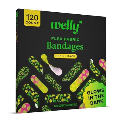 Welly Bandage Glow-in-the-Dark Nachfüllpackung | Selbstklebende flexible Stoffpflaster | Verschiedene Formen und Muster für kleine Schnitte, Schrammen und Wunden - 120 Stück