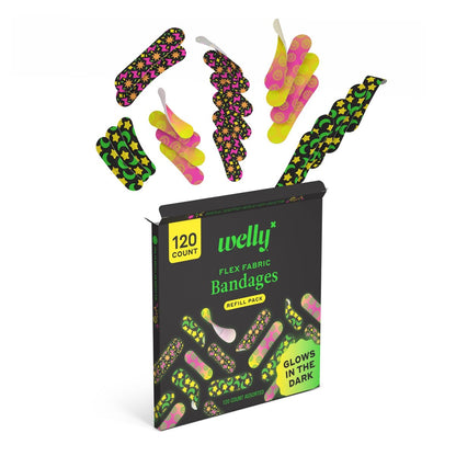 Welly Bandage Glow-in-the-Dark Nachfüllpackung | Selbstklebende flexible Stoffpflaster | Verschiedene Formen und Muster für kleine Schnitte, Schrammen und Wunden - 120 Stück