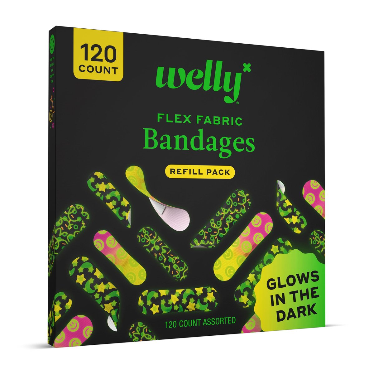 Welly Bandage Glow-in-the-Dark Nachfüllpackung | Selbstklebende flexible Stoffpflaster | Verschiedene Formen und Muster für kleine Schnitte, Schrammen und Wunden - 120 Stück