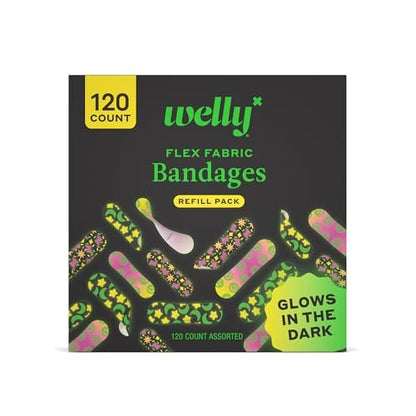 Welly Bandage Glow-in-the-Dark Nachfüllpackung | Selbstklebende flexible Stoffpflaster | Verschiedene Formen und Muster für kleine Schnitte, Schrammen und Wunden - 120 Stück