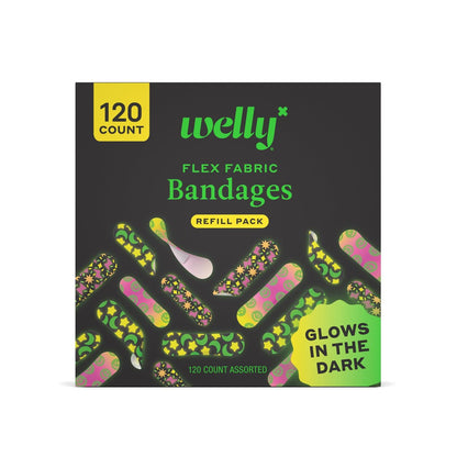 Welly Bandage Glow-in-the-Dark Nachfüllpackung | Selbstklebende flexible Stoffpflaster | Verschiedene Formen und Muster für kleine Schnitte, Schrammen und Wunden - 120 Stück