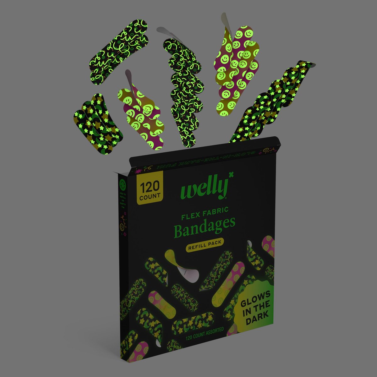 Welly Bandage Glow-in-the-Dark Nachfüllpackung | Selbstklebende flexible Stoffpflaster | Verschiedene Formen und Muster für kleine Schnitte, Schrammen und Wunden - 120 Stück