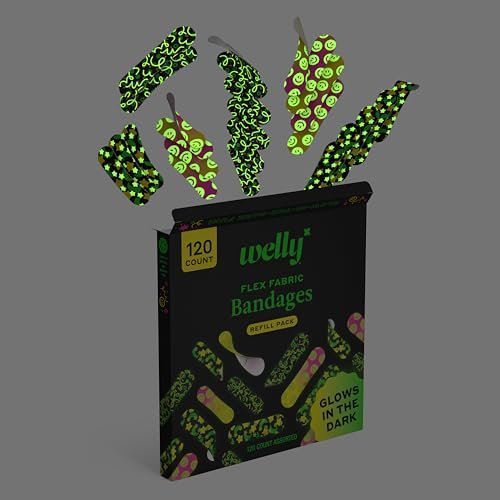 Welly Bandage Glow-in-the-Dark Nachfüllpackung | Selbstklebende flexible Stoffpflaster | Verschiedene Formen und Muster für kleine Schnitte, Schrammen und Wunden - 120 Stück