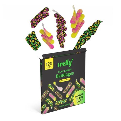 Welly Bandage Glow-in-the-Dark Nachfüllpackung | Selbstklebende flexible Stoffpflaster | Verschiedene Formen und Muster für kleine Schnitte, Schrammen und Wunden - 120 Stück