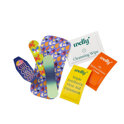 Welly First Aid Kit – Bravery Badges mit flexiblem, wasserdichtem Stoff, Einzeldosen-Salben (dreifach antibiotisch, Reinigungstücher, Hydrocortison) – 70-teilig