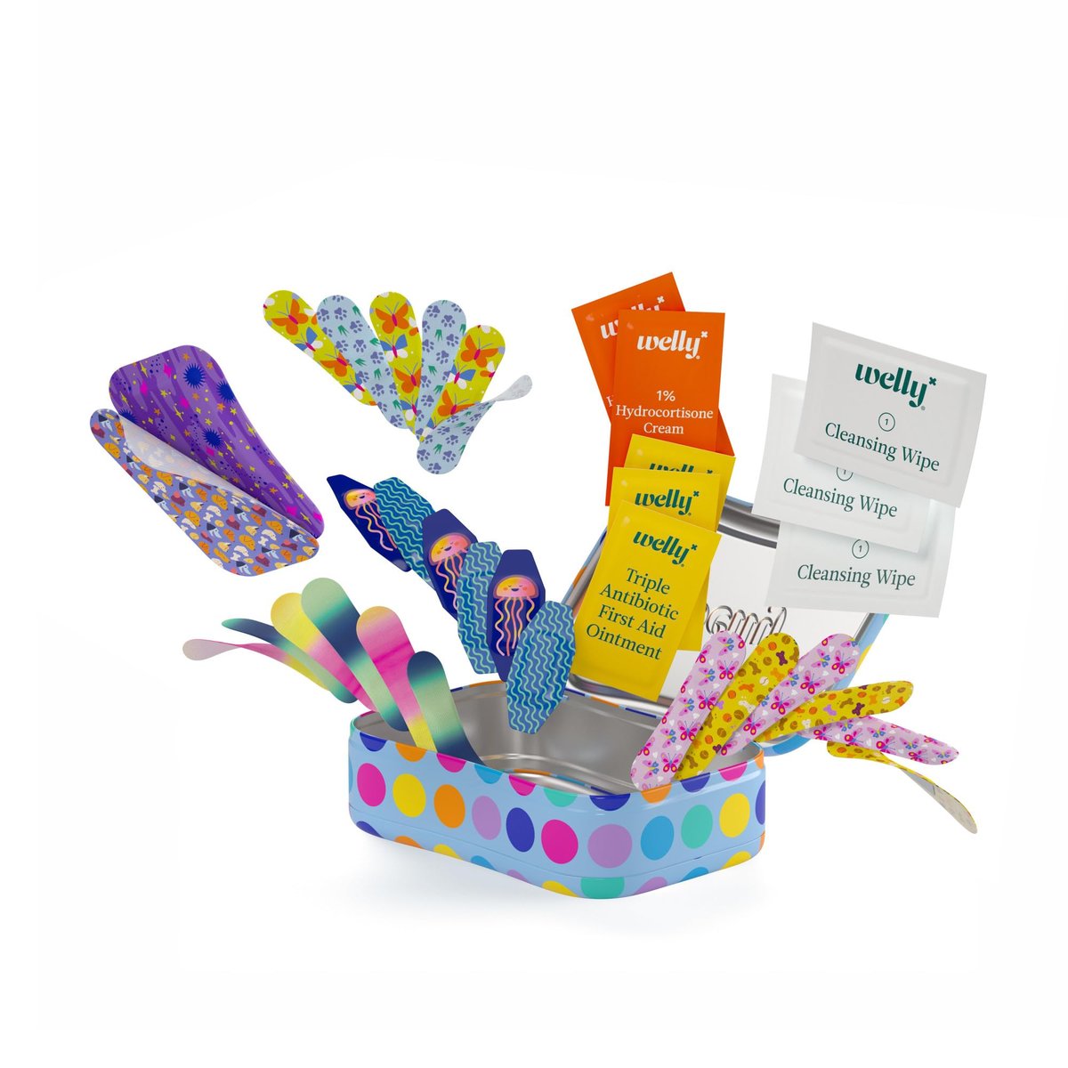 Welly First Aid Kit – Bravery Badges mit flexiblem, wasserdichtem Stoff, Einzeldosen-Salben (dreifach antibiotisch, Reinigungstücher, Hydrocortison) – 70-teilig