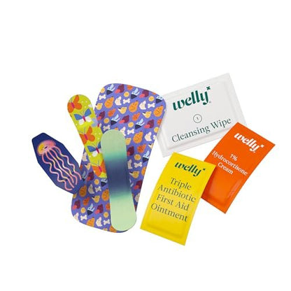 Welly First Aid Kit – Bravery Badges mit flexiblem, wasserdichtem Stoff, Einzeldosen-Salben (dreifach antibiotisch, Reinigungstücher, Hydrocortison) – 70-teilig