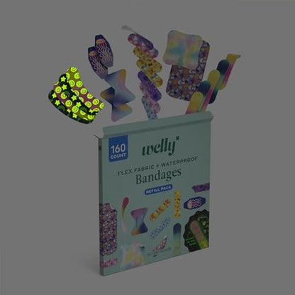 Welly Pflaster Großes Nachfüllpack | Selbstklebende, flexible Stoffpflaster, Leucht- und Wasserfeste Pflaster | Gemischte Formen und Muster für Kleinere Schnitte, Schrammen und Wunden - 160 Stück