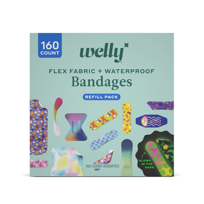 Welly Pflaster Großes Nachfüllpack | Selbstklebende, flexible Stoffpflaster, Leucht- und Wasserfeste Pflaster | Gemischte Formen und Muster für Kleinere Schnitte, Schrammen und Wunden - 160 Stück
