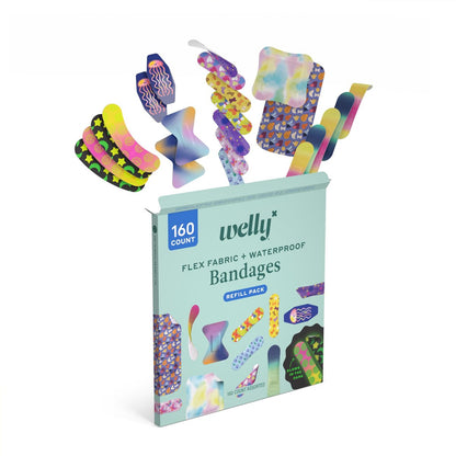 Welly Pflaster Großes Nachfüllpack | Selbstklebende, flexible Stoffpflaster, Leucht- und Wasserfeste Pflaster | Gemischte Formen und Muster für Kleinere Schnitte, Schrammen und Wunden - 160 Stück