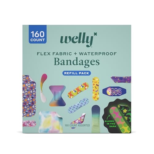 Welly Pflaster Großes Nachfüllpack | Selbstklebende, flexible Stoffpflaster, Leucht- und Wasserfeste Pflaster | Gemischte Formen und Muster für Kleinere Schnitte, Schrammen und Wunden - 160 Stück