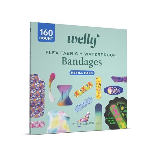 Welly Pflaster Großes Nachfüllpack | Selbstklebende, flexible Stoffpflaster, Leucht- und Wasserfeste Pflaster | Gemischte Formen und Muster für Kleinere Schnitte, Schrammen und Wunden - 160 Stück