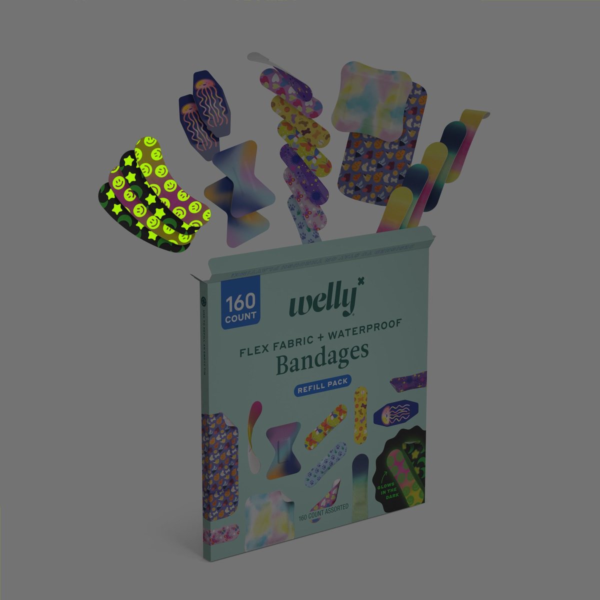 Welly Pflaster Großes Nachfüllpack | Selbstklebende, flexible Stoffpflaster, Leucht- und Wasserfeste Pflaster | Gemischte Formen und Muster für Kleinere Schnitte, Schrammen und Wunden - 160 Stück
