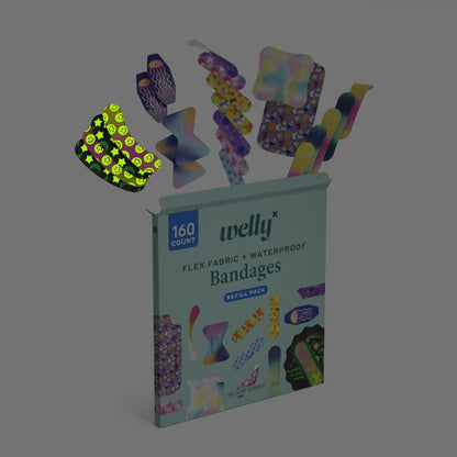 Welly Pflaster Großes Nachfüllpack | Selbstklebende, flexible Stoffpflaster, Leucht- und Wasserfeste Pflaster | Gemischte Formen und Muster für Kleinere Schnitte, Schrammen und Wunden - 160 Stück