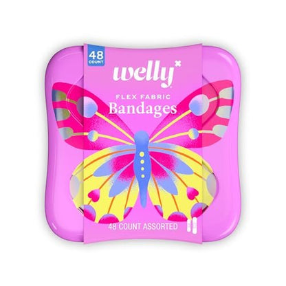 Welly Pflaster | Haftende flexible Stoff-Bravery-Badges | Verschiedene Formen für kleine Schnitte, Schrammen und Wunden | Bunte und lustige Erste-Hilfe-Dose | Schmetterlingsmuster - 48 Stück