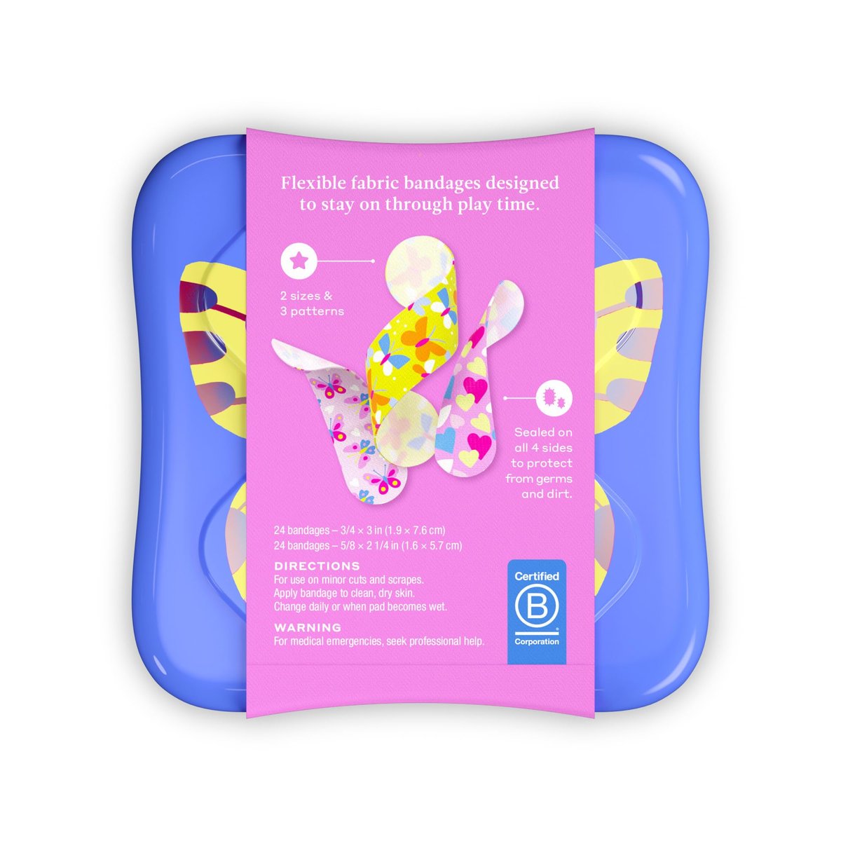 Welly Pflaster | Haftende flexible Stoff-Bravery-Badges | Verschiedene Formen für kleine Schnitte, Schrammen und Wunden | Bunte und lustige Erste-Hilfe-Dose | Schmetterlingsmuster - 48 Stück