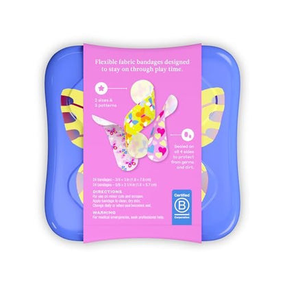 Welly Pflaster | Haftende flexible Stoff-Bravery-Badges | Verschiedene Formen für kleine Schnitte, Schrammen und Wunden | Bunte und lustige Erste-Hilfe-Dose | Schmetterlingsmuster - 48 Stück