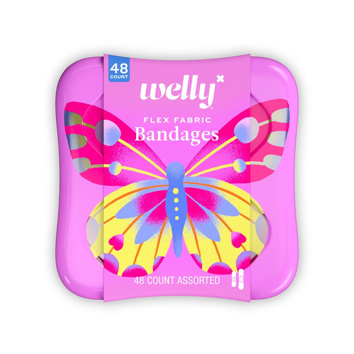 Welly Pflaster | Haftende flexible Stoff-Bravery-Badges | Verschiedene Formen für kleine Schnitte, Schrammen und Wunden | Bunte und lustige Erste-Hilfe-Dose | Schmetterlingsmuster - 48 Stück