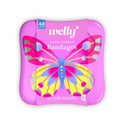 Welly Pflaster | Haftende flexible Stoff-Bravery-Badges | Verschiedene Formen für kleine Schnitte, Schrammen und Wunden | Bunte und lustige Erste-Hilfe-Dose | Schmetterlingsmuster - 48 Stück