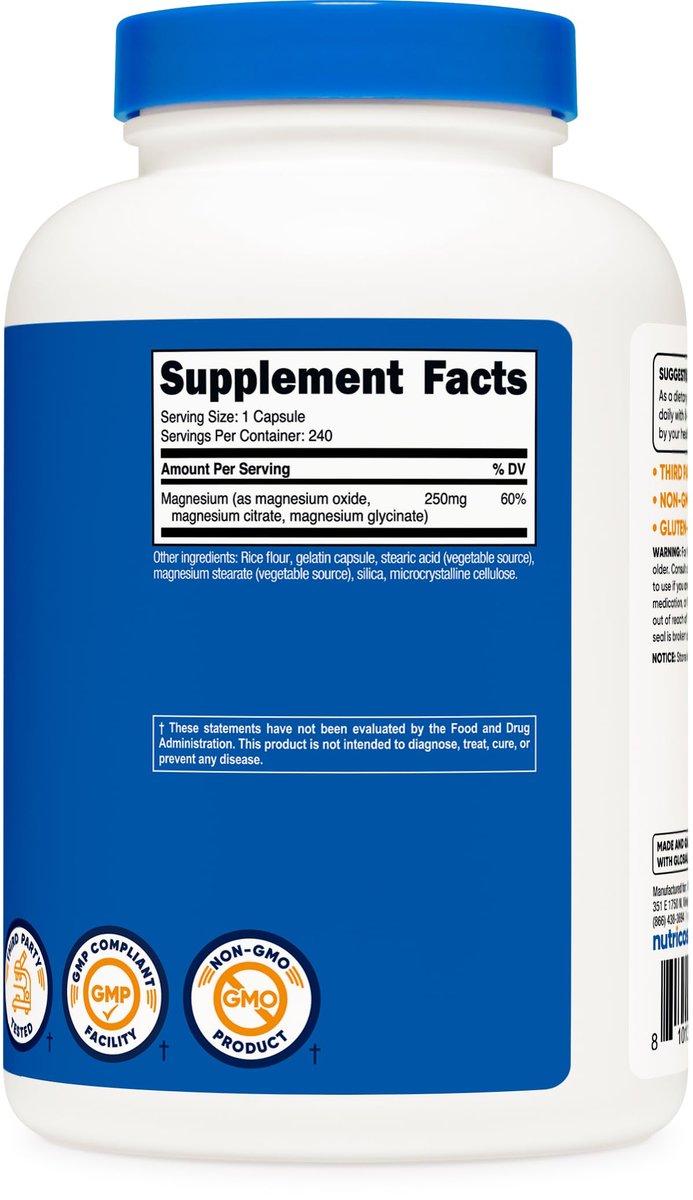 Nutricost Magnesium Complex 250mg, 240 Kapseln - Magnesiumoxid, -citrat und -glycinat - Glutenfrei und Nicht-GVO