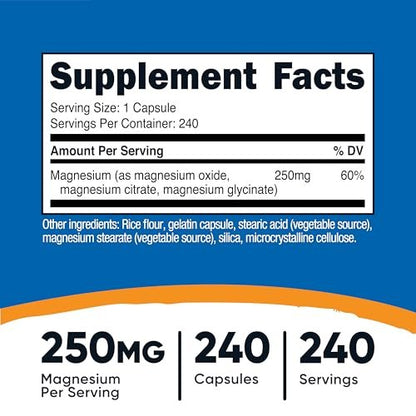 Nutricost Magnesium Complex 250mg, 240 Kapseln - Magnesiumoxid, -citrat und -glycinat - Glutenfrei und Nicht-GVO