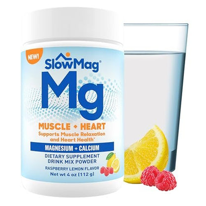 SlowMag® Magnesium Pulver – Magnesium + Calcium Getränkepulver, Himbeer-Zitrone Geschmack, unterstützt Muskelentspannung & Herzgesundheit, 113 g