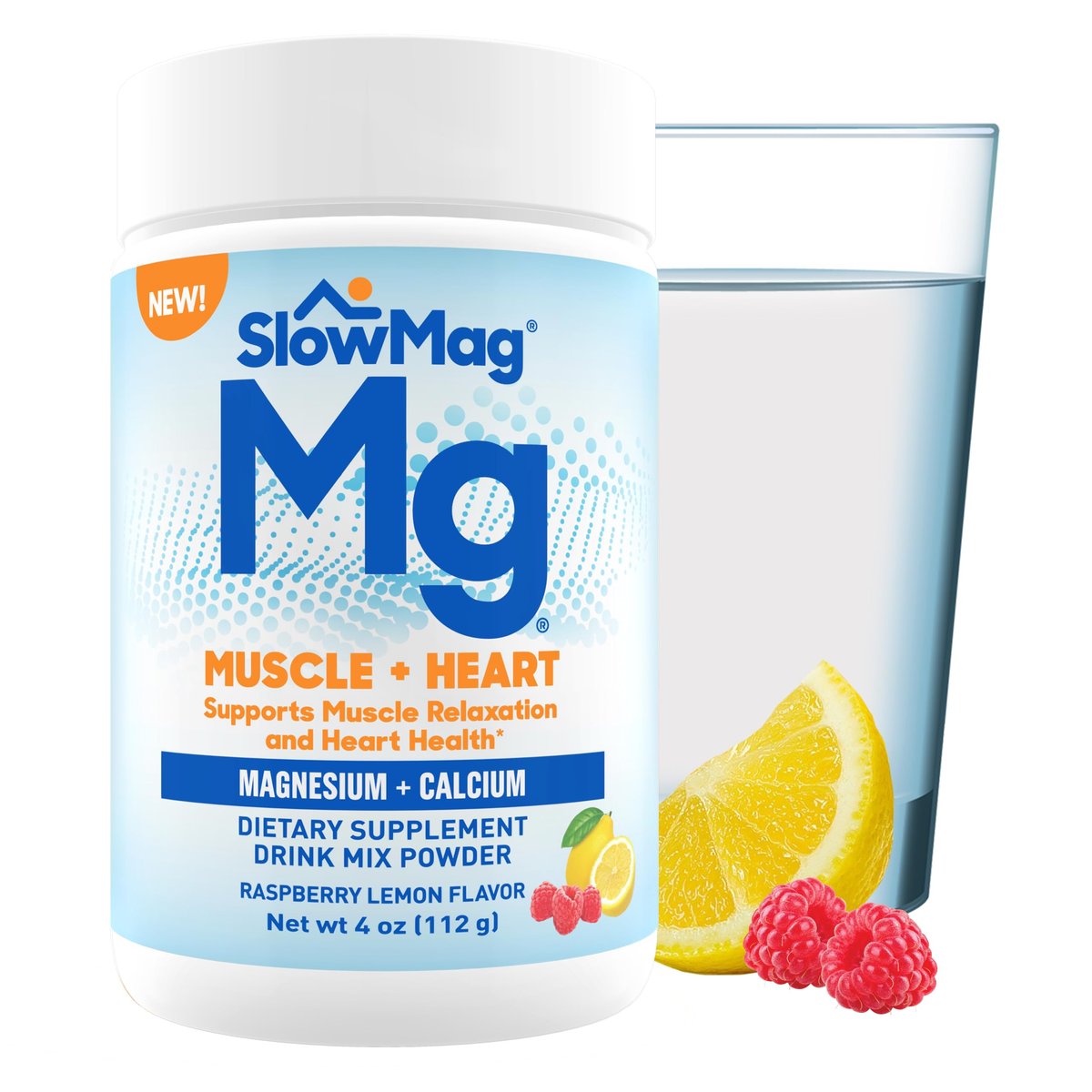 SlowMag® Magnesium Pulver – Magnesium + Calcium Getränkepulver, Himbeer-Zitrone Geschmack, unterstützt Muskelentspannung & Herzgesundheit, 113 g