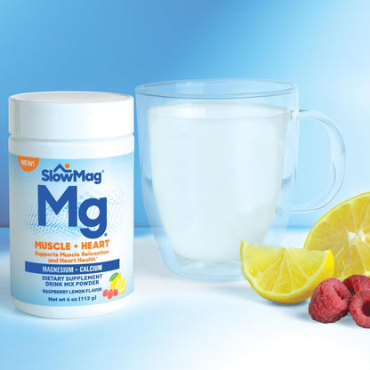 SlowMag® Magnesium Pulver – Magnesium + Calcium Getränkepulver, Himbeer-Zitrone Geschmack, unterstützt Muskelentspannung & Herzgesundheit, 113 g