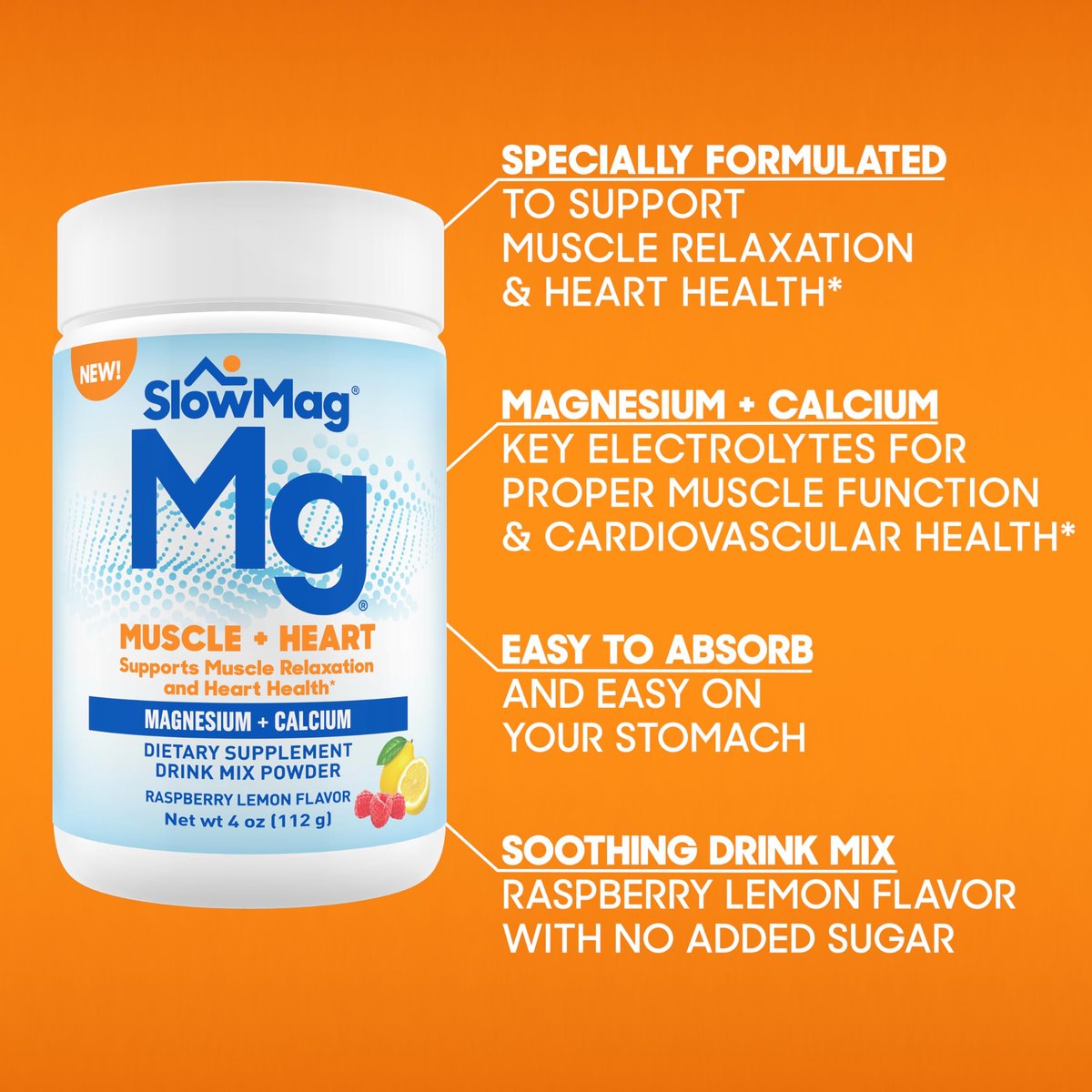 SlowMag® Magnesium Pulver – Magnesium + Calcium Getränkepulver, Himbeer-Zitrone Geschmack, unterstützt Muskelentspannung & Herzgesundheit, 113 g