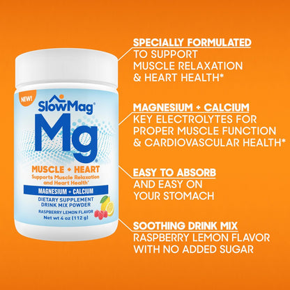 SlowMag® Magnesium Pulver – Magnesium + Calcium Getränkepulver, Himbeer-Zitrone Geschmack, unterstützt Muskelentspannung & Herzgesundheit, 113 g