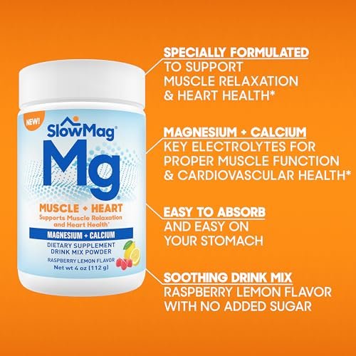SlowMag® Magnesium Pulver – Magnesium + Calcium Getränkepulver, Himbeer-Zitrone Geschmack, unterstützt Muskelentspannung & Herzgesundheit, 113 g