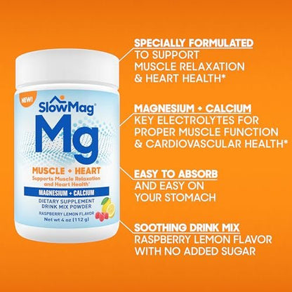 SlowMag® Magnesium Pulver – Magnesium + Calcium Getränkepulver, Himbeer-Zitrone Geschmack, unterstützt Muskelentspannung & Herzgesundheit, 113 g