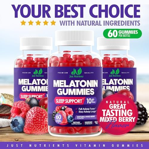 Just Nutrients Melatonin 10mg Gummis – Hochdosierte Schlafhilfe für Erwachsene mit 10mg Melatonin pro Gummi (60 Portionen) – Glutenfrei, Nicht-GVO, Vegetarisch, Leckerer Mixbeerengeschmack – 60 Stück