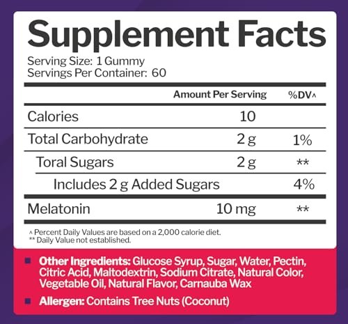 Just Nutrients Melatonin 10mg Gummis – Hochdosierte Schlafhilfe für Erwachsene mit 10mg Melatonin pro Gummi (60 Portionen) – Glutenfrei, Nicht-GVO, Vegetarisch, Leckerer Mixbeerengeschmack – 60 Stück