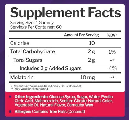 Just Nutrients Melatonin 10mg Gummis – Hochdosierte Schlafhilfe für Erwachsene mit 10mg Melatonin pro Gummi (60 Portionen) – Glutenfrei, Nicht-GVO, Vegetarisch, Leckerer Mixbeerengeschmack – 60 Stück