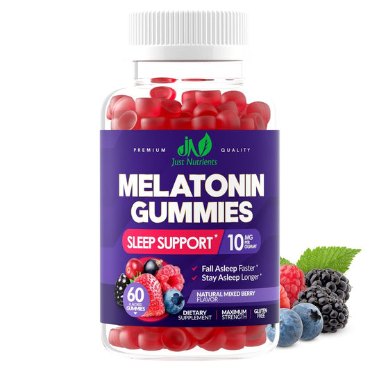 Just Nutrients Melatonin 10mg Gummis – Hochdosierte Schlafhilfe für Erwachsene mit 10mg Melatonin pro Gummi (60 Portionen) – Glutenfrei, Nicht-GVO, Vegetarisch, Leckerer Mixbeerengeschmack – 60 Stück