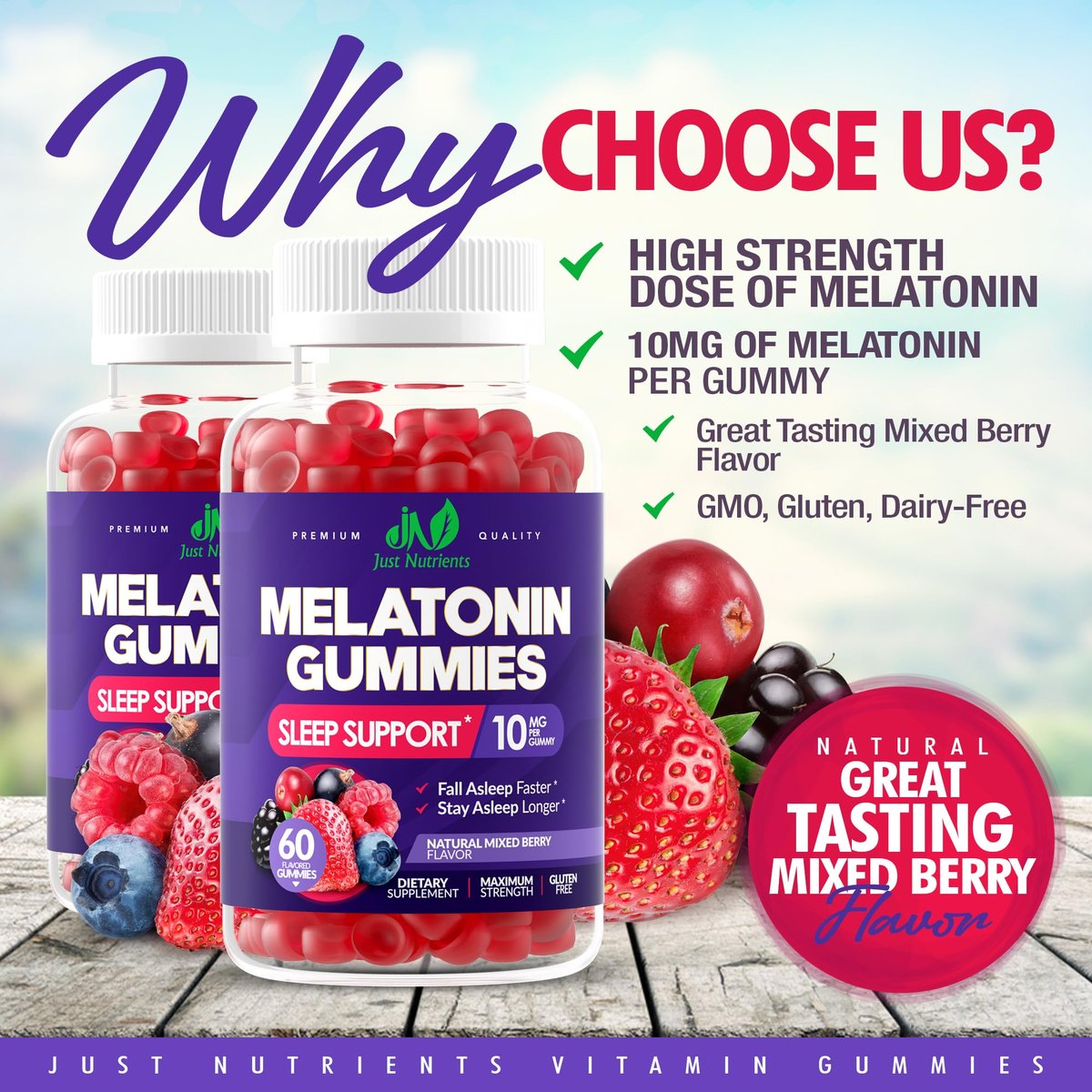 Just Nutrients Melatonin 10mg Gummis – Hochdosierte Schlafhilfe für Erwachsene mit 10mg Melatonin pro Gummi (60 Portionen) – Glutenfrei, Nicht-GVO, Vegetarisch, Leckerer Mixbeerengeschmack – 60 Stück