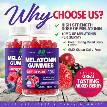 Just Nutrients Melatonin 10mg Gummis – Hochdosierte Schlafhilfe für Erwachsene mit 10mg Melatonin pro Gummi (60 Portionen) – Glutenfrei, Nicht-GVO, Vegetarisch, Leckerer Mixbeerengeschmack – 60 Stück