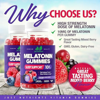 Just Nutrients Melatonin 10mg Gummis – Hochdosierte Schlafhilfe für Erwachsene mit 10mg Melatonin pro Gummi (60 Portionen) – Glutenfrei, Nicht-GVO, Vegetarisch, Leckerer Mixbeerengeschmack – 60 Stück