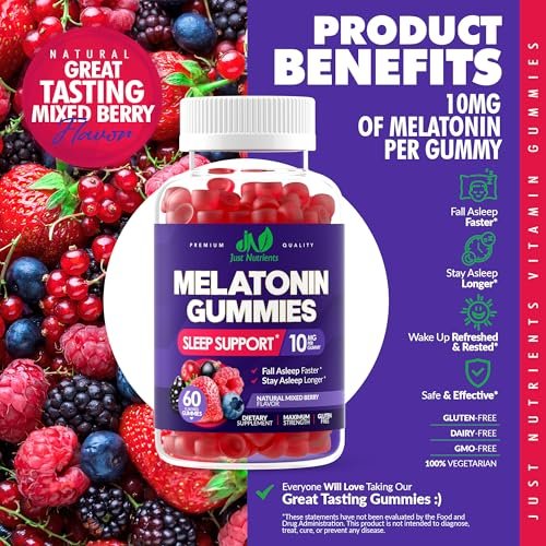 Just Nutrients Melatonin 10mg Gummis – Hochdosierte Schlafhilfe für Erwachsene mit 10mg Melatonin pro Gummi (60 Portionen) – Glutenfrei, Nicht-GVO, Vegetarisch, Leckerer Mixbeerengeschmack – 60 Stück