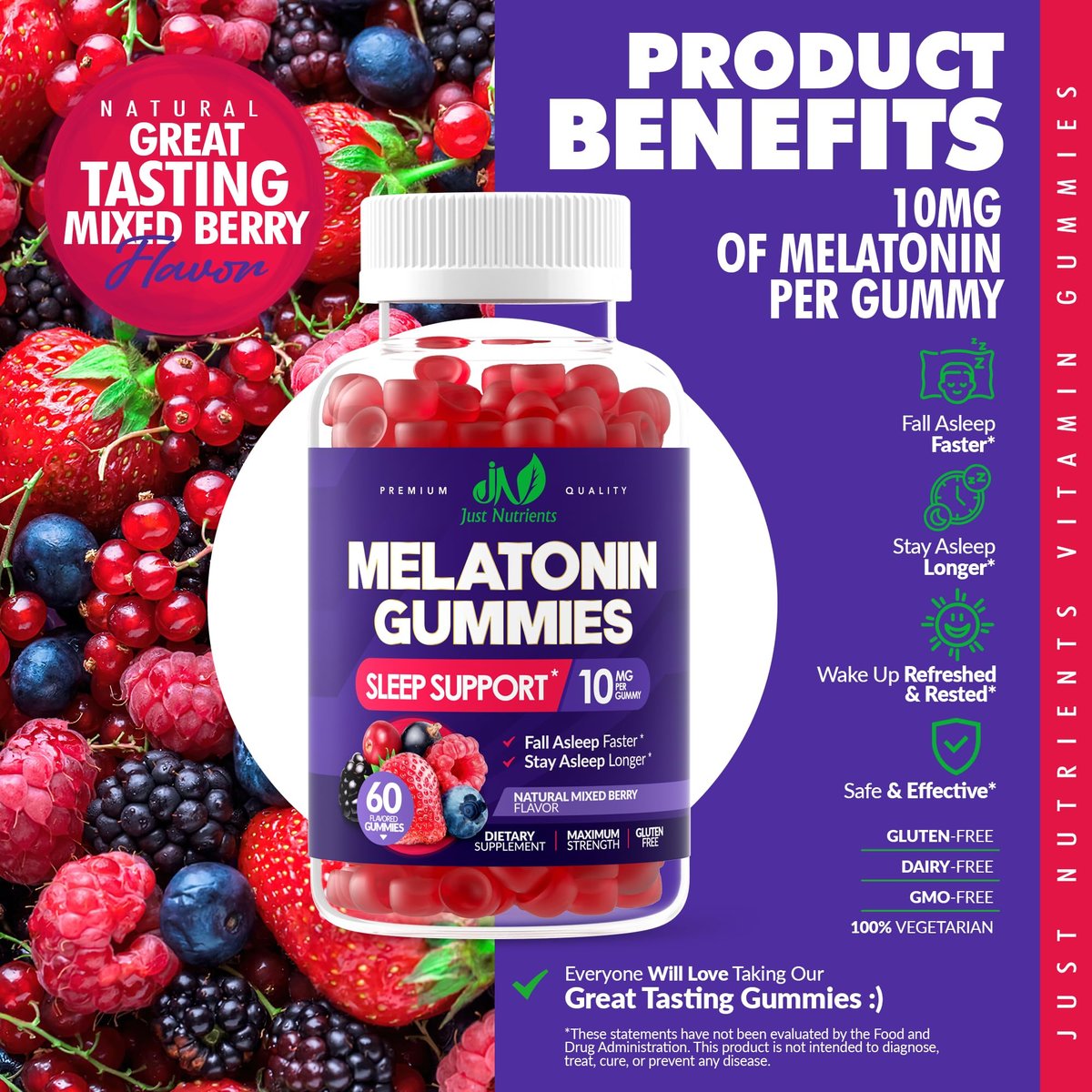 Just Nutrients Melatonin 10mg Gummis – Hochdosierte Schlafhilfe für Erwachsene mit 10mg Melatonin pro Gummi (60 Portionen) – Glutenfrei, Nicht-GVO, Vegetarisch, Leckerer Mixbeerengeschmack – 60 Stück